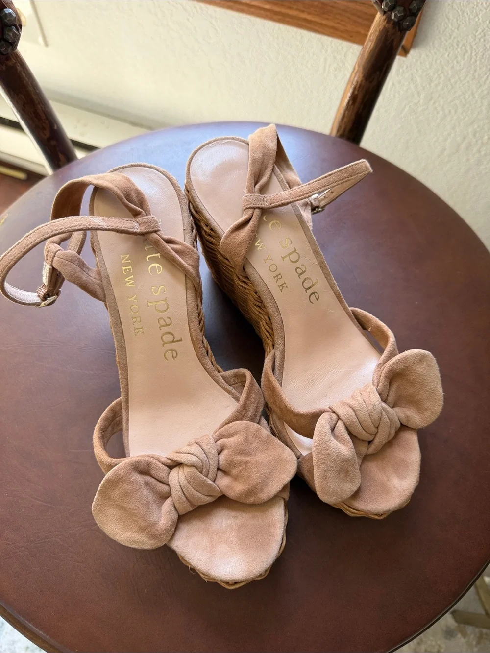 kate spade Tan Suede Knot Wedge Sandals